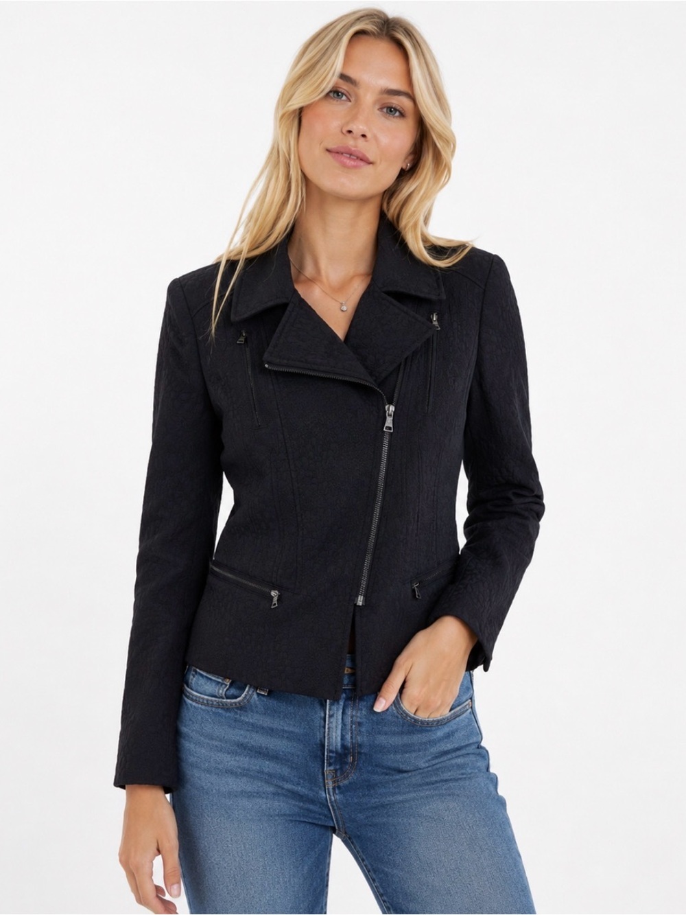 BCBGMAXAZRIA Boe Moto textured Asymetrical Zip Blazer Jacket Black Size M